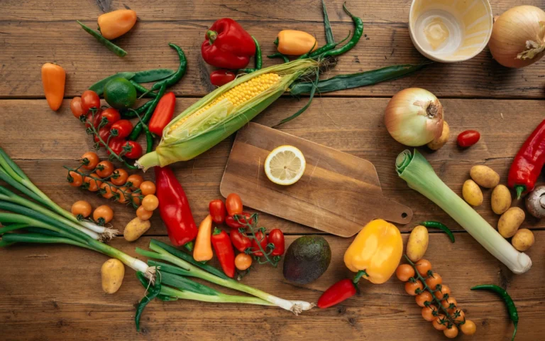 Légumes frais et citron sur une table en bois
